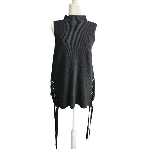 MICHAEL Kors Black Ribbed Knit Lace Up Sides Sleeveless Sweater Mini Dress L - Picture 1 of 7